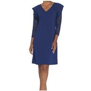 Du Jour Women’s Sheath V-Neck Lace Sleeve Knit Dress with Ruffle Detail  Size L